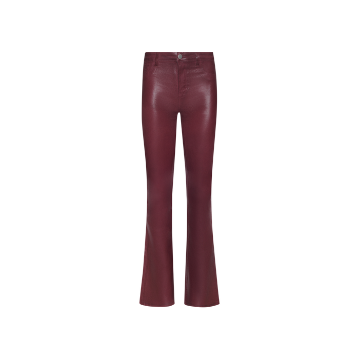 Selma Coated Bootcut Jean in a high-rise, maroon leather-alternative finish featuring a straight-leg silhouette and front button and zipper closure, shown against a plain white background.