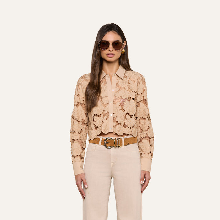 A woman wearing sunglasses and the Seychelle Cropped Eyelet Blouse stands facing forward against a plain light background, paired with cream pants and a brown belt.