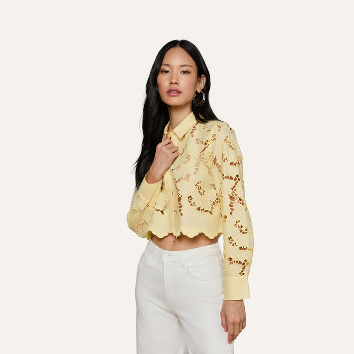 A woman in the Seychelle Cropped Eyelet Blouse—a pale yellow, floral eyelet top with long sleeves—paired with white pants stands against a plain background, looking confidently at the camera.