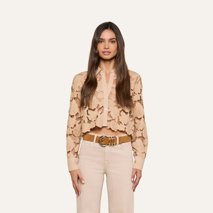 A woman stands facing forward against a plain white background, wearing the Seychelle Cropped Eyelet Blouse in beige with long sleeves, paired with a tan belt featuring a gold buckle and light-colored pants.
