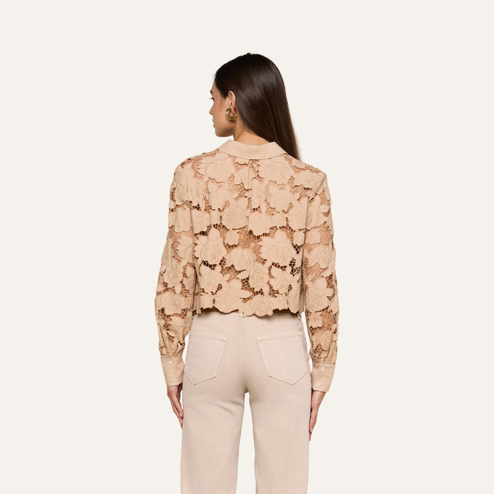 A person with long brown hair is shown from behind, wearing the Seychelle Cropped Eyelet Blouse—beige with floral patterns—and high-waisted beige pants against a plain light background.