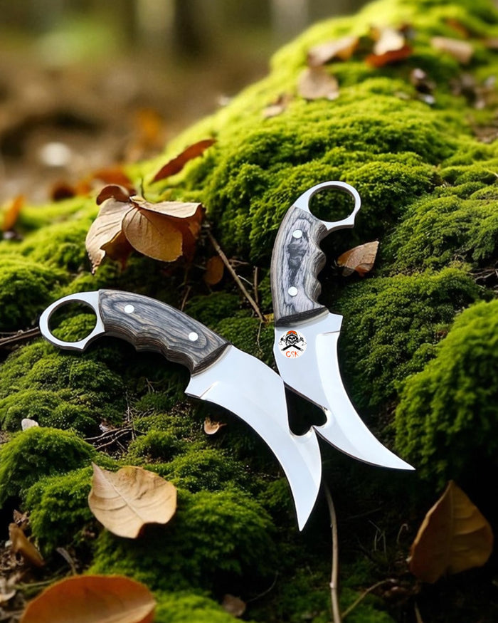 Shadow Claw Karambit Knife Pairing Set – Handcrafted Curved Blades with Wooden Handle cskforged