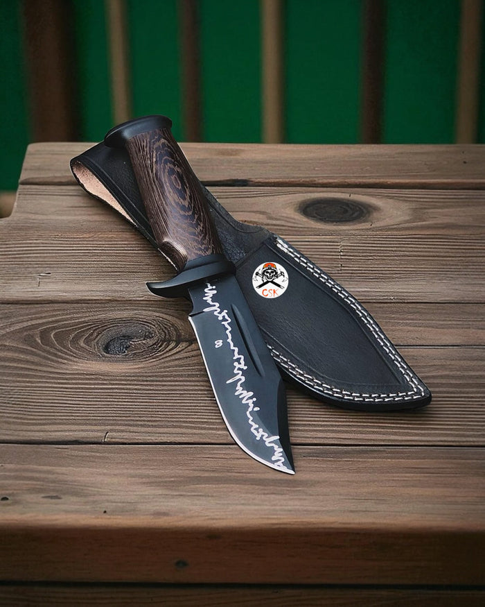 ShadowForge Black Blade Handmade Hunting Knife with Wenge Wood Grain Handle cskforged