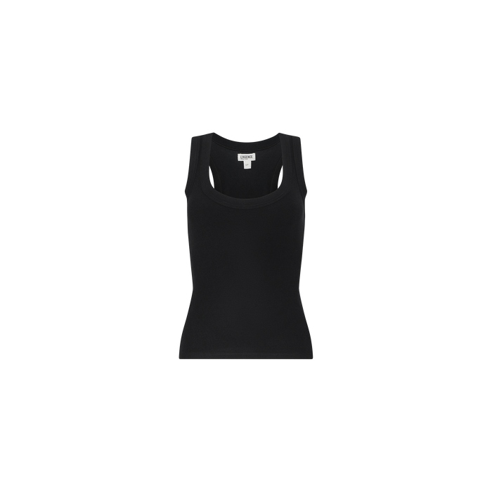 The Shania Racerback Tank, a plain black ribbed knit top featuring a scoop neckline, is displayed against a white background.