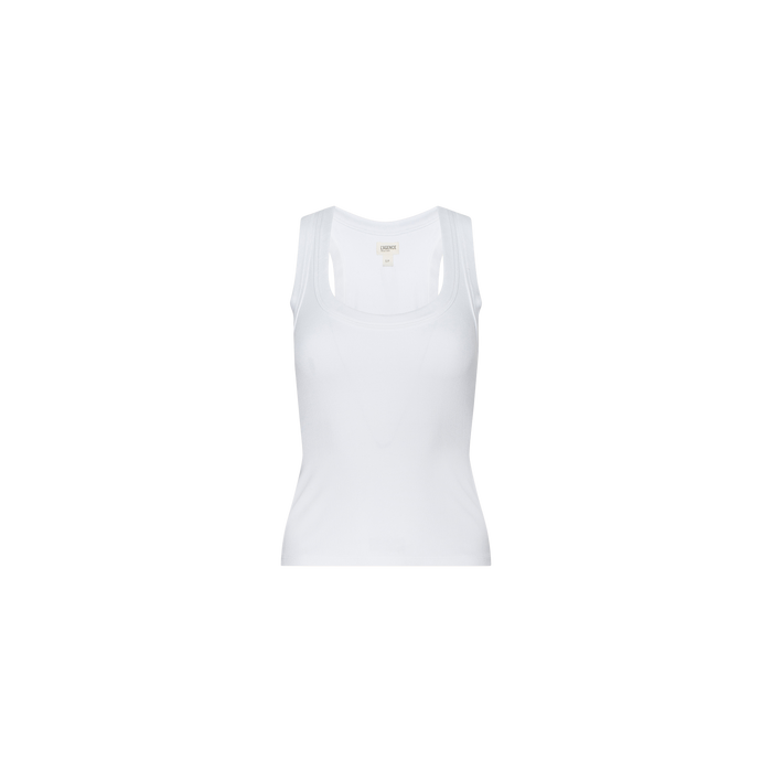 The Shania Racerback Tank is displayed on a white background, shown from the front with a scoop neckline and plain white ribbed knit fabric, featuring no visible designs or logos.