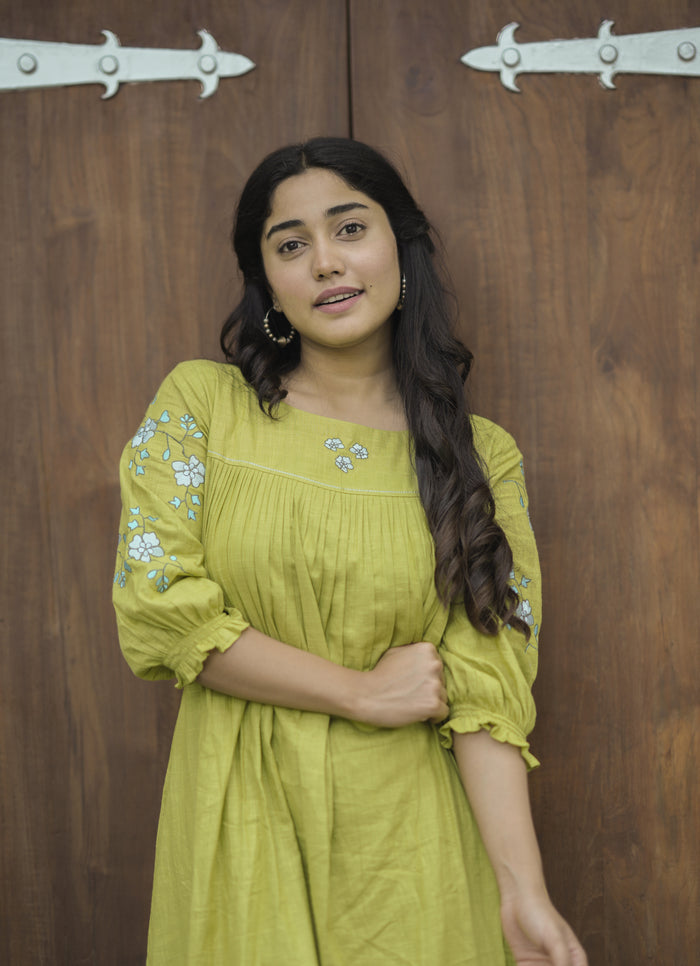 Sheen green cotton flex kurti with floral embroidery detailings MBS-716 **Ready to dispatch**