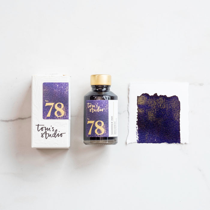 Tom's Studio Broadway Shimmer Fountain Pen Ink – featuring the packaging, bottle and a swatch on paper