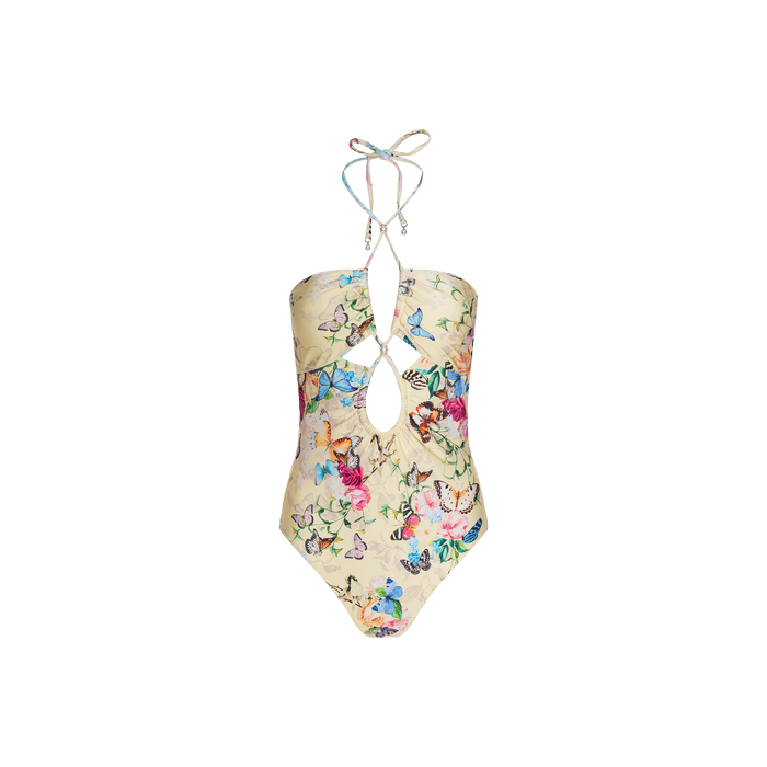 The Shiva One-Piece Swimsuit features a vibrant butterfly print and floral design, with a halter neckline, keyhole cutouts below the bust, and adjustable ties at the neck.