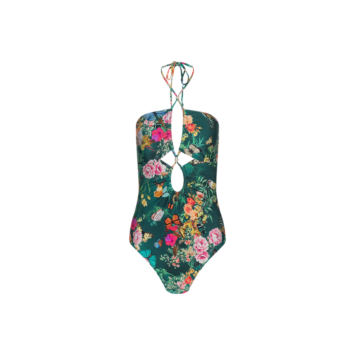 Shiva One-Piece Swimsuit in a vibrant butterfly floral print, featuring a halter neck tie and two front keyhole cutout openings on a plain white background.