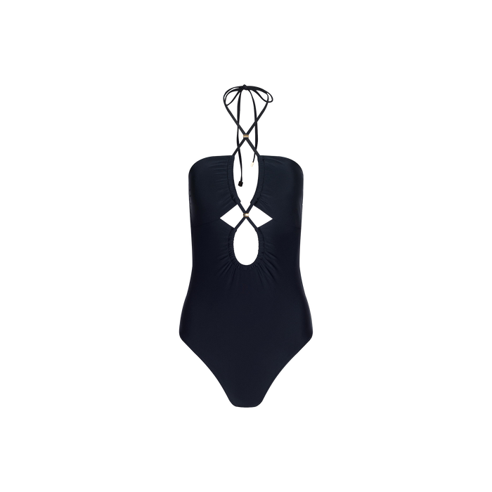 The Shiva One-Piece Swimsuit features a halter neck tie, adjustable straps, a keyhole cutout at the chest, and ruched detailing. With its fitted silhouette and minimalist design, this black one-piece swimsuit is displayed on a plain white background.