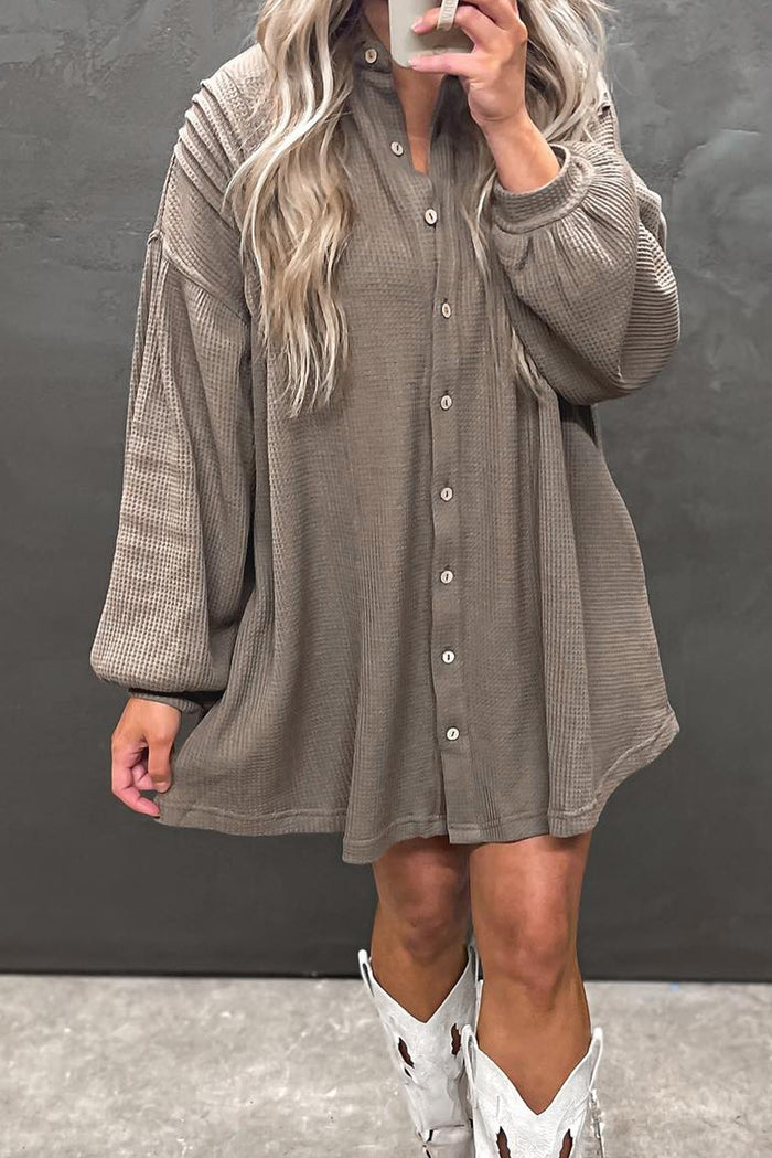 Simply Taupe Waffle Knit Shirt Tunic Mini Dress Shewin