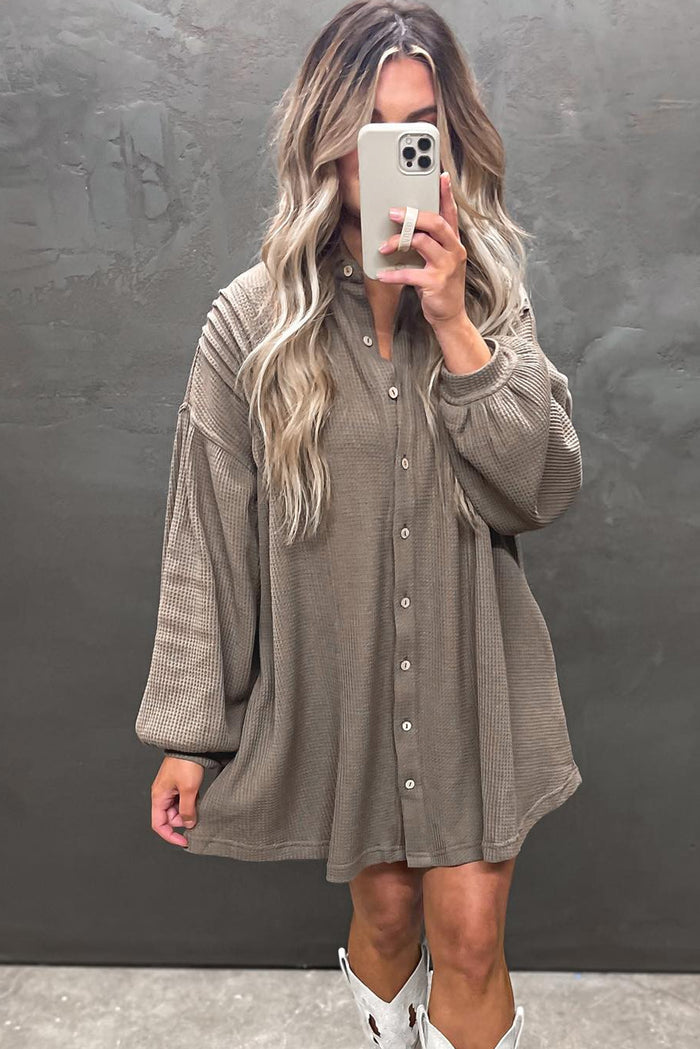 Simply Taupe Waffle Knit Shirt Tunic Mini Dress Shewin