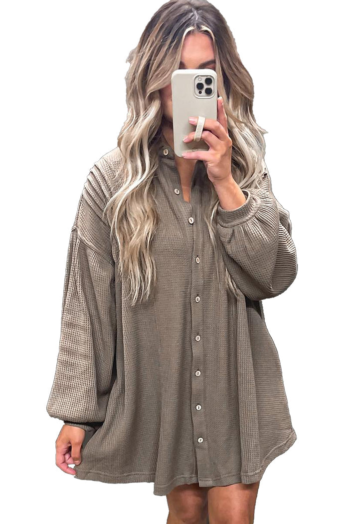 Simply Taupe Waffle Knit Shirt Tunic Mini Dress Shewin