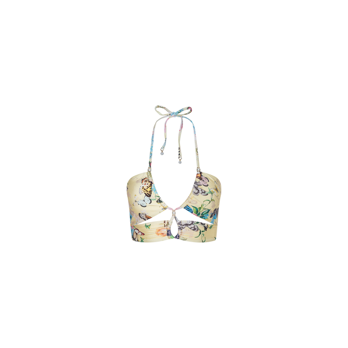 Sirena Bikini Top featuring a butterfly print, halter neckline with adjustable neck ties, and a keyhole cutout at the front, displayed on a plain white background.