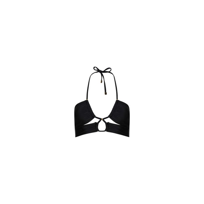 Sirena Halter Bikini Top in black, featuring ruched cups, a center keyhole cutout, and a thin tie at the neck, shown against a plain white background.