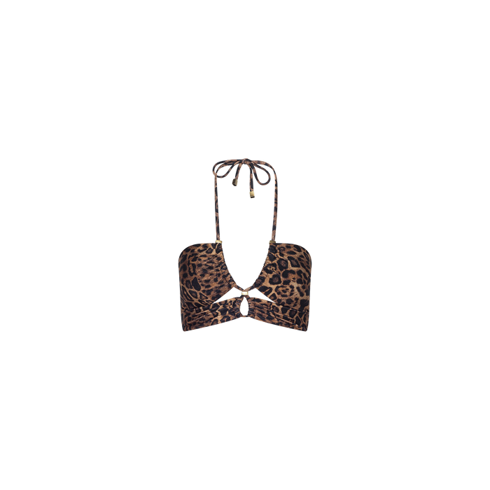 Sirena Halter Bikini Top with a leopard print design, featuring a halter neck tie and a small front keyhole cutout—perfect for adding bold style to your swimwear collection. Displayed on a plain white background.