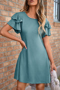 Skobeloff Solid Color Round Neck Double Ruffle Short Sleeve Dress Shewin