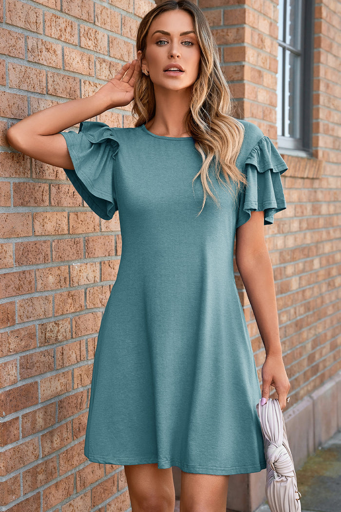 Skobeloff Solid Color Round Neck Double Ruffle Short Sleeve Dress Shewin