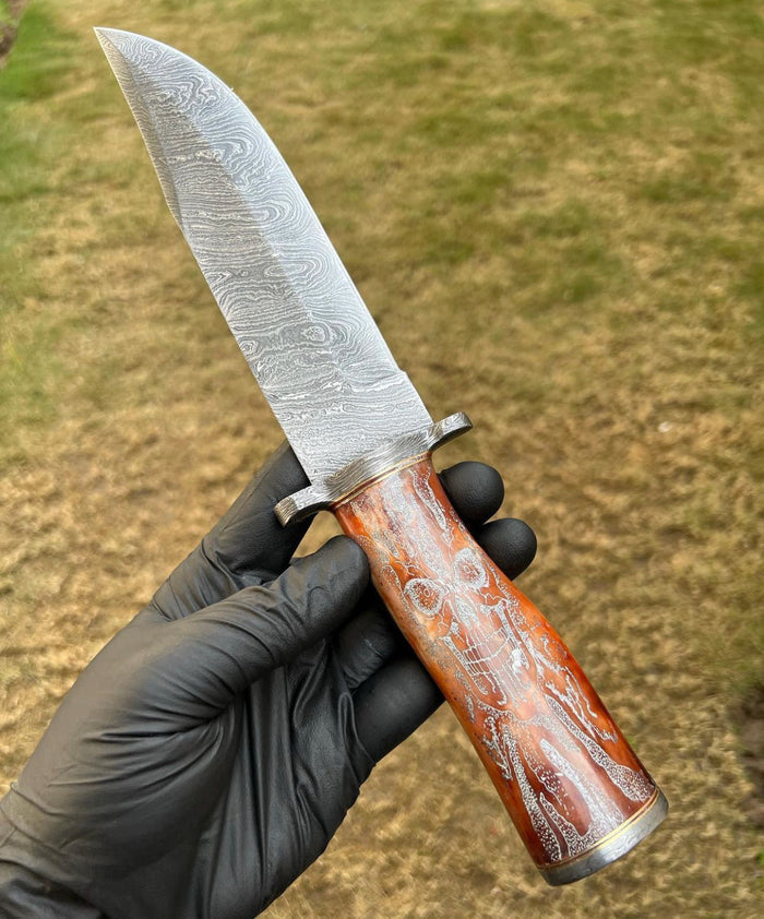 Skull Handle-Handmade Damascus Hunting Camping Knife cskforged