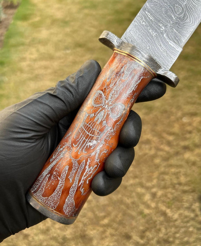 Skull Handle-Handmade Damascus Hunting Camping Knife cskforged