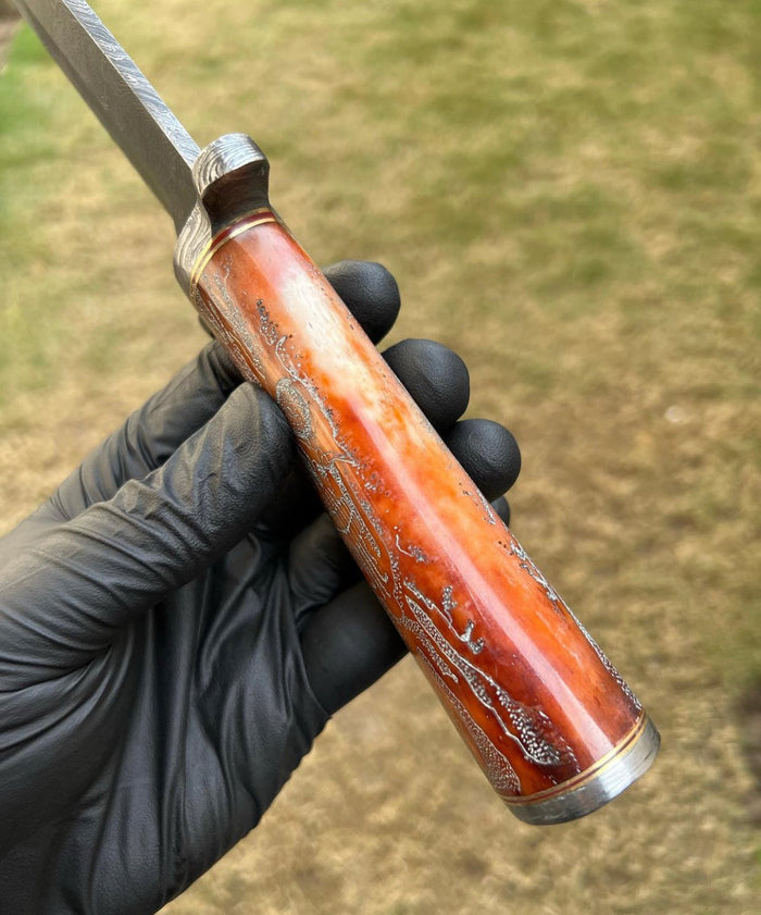 Skull Handle-Handmade Damascus Hunting Camping Knife cskforged