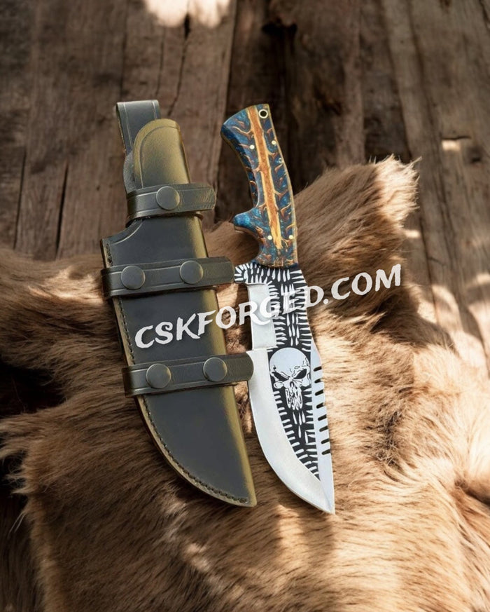 Skull Tactical Hunting Knife – Engraved Fixed Blade with Pine Cone Handle & Leather Sheath cskforged