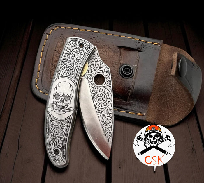 SkullGuard Engraved Pocket Knife With Sheath cskforged