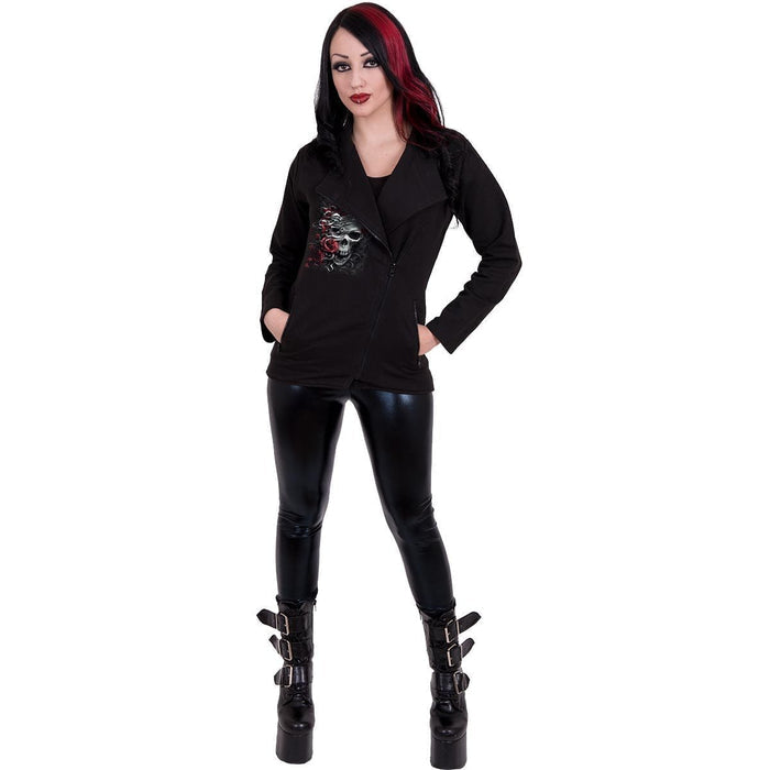 SKULLS N' ROSES - Slant Zip Women Biker Jacket Black Spiral USA