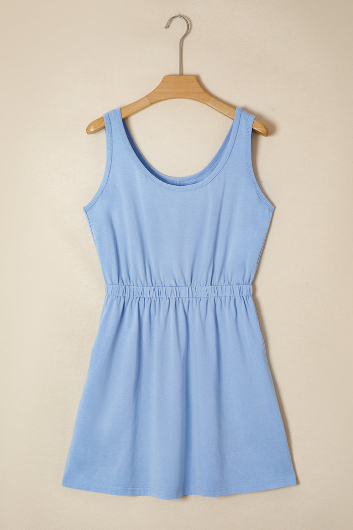 Sky Blue Mineral Wash Elastic Waist Tank Dress with Side Pockets Shewin