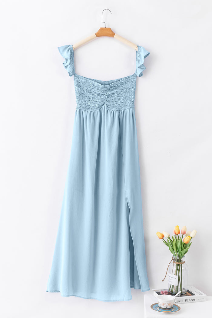 Sky Blue Off Shoulder Ruched Bust Sheer Slit Maxi Dress Shewin