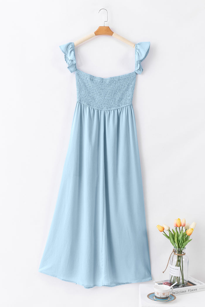 Sky Blue Off Shoulder Ruched Bust Sheer Slit Maxi Dress Shewin