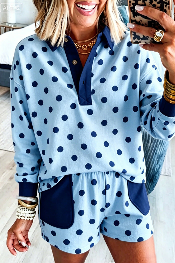 Sky Blue Polka Dot Drop Shoulder Polo Loose Pullover Patch Pocket Casual Shorts Set Shewin