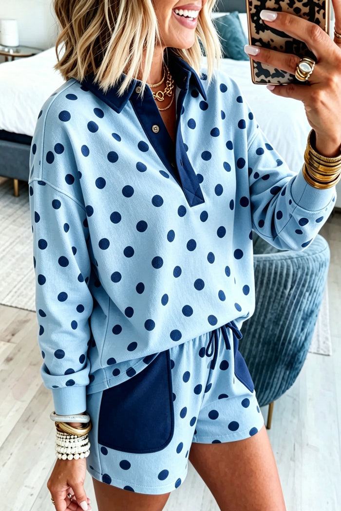 Sky Blue Polka Dot Drop Shoulder Polo Loose Pullover Patch Pocket Casual Shorts Set Shewin