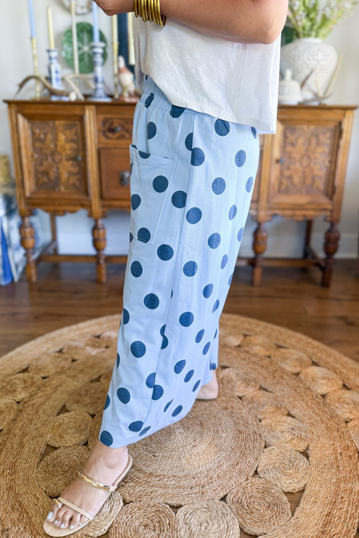 Sky Blue Polka Dot Elastic Waist Wide Leg Plus Size Pants Shewin