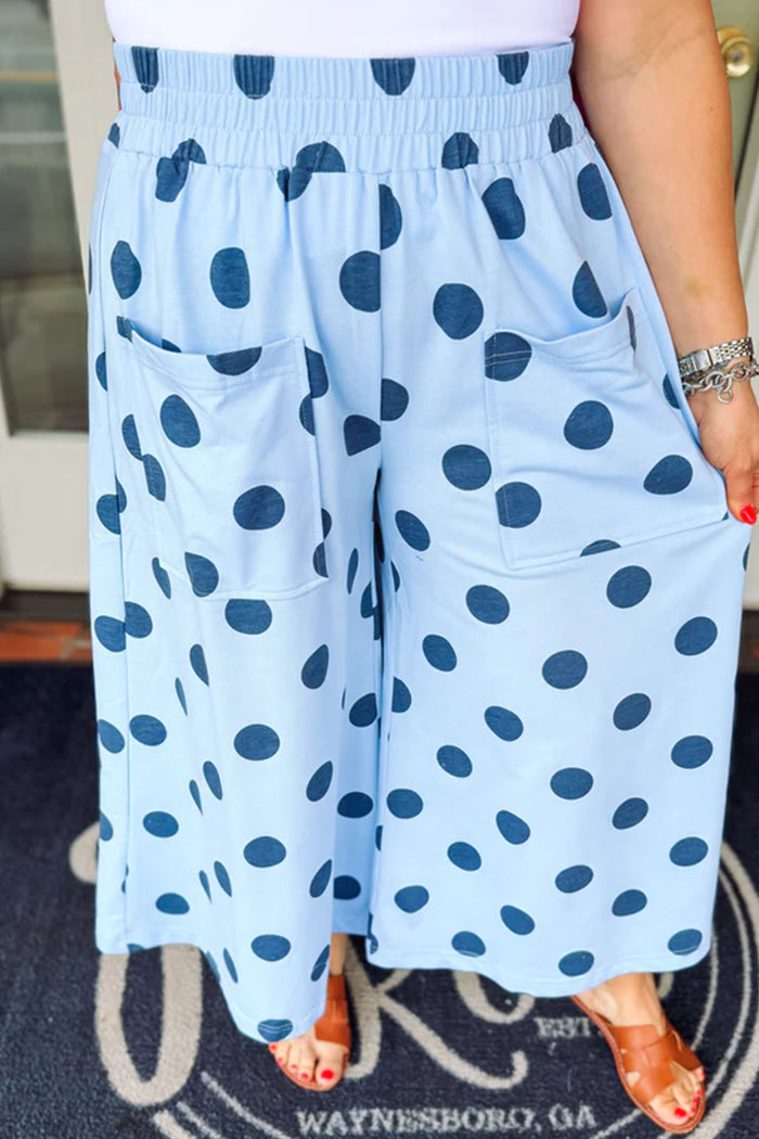Sky Blue Polka Dot Elastic Waist Wide Leg Plus Size Pants Shewin