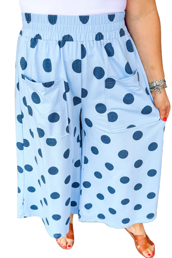 Sky Blue Polka Dot Elastic Waist Wide Leg Plus Size Pants Shewin