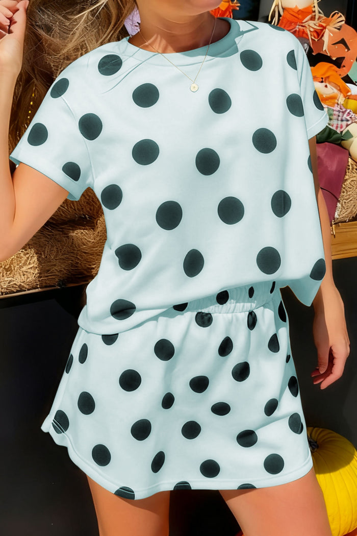 Sky Blue Polka Dot Short Sleeve Top Casual Skort 2pcs Outfit Shewin