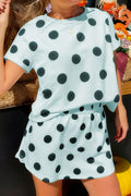 Sky Blue Polka Dot Short Sleeve Top Casual Skort 2pcs Outfit Shewin