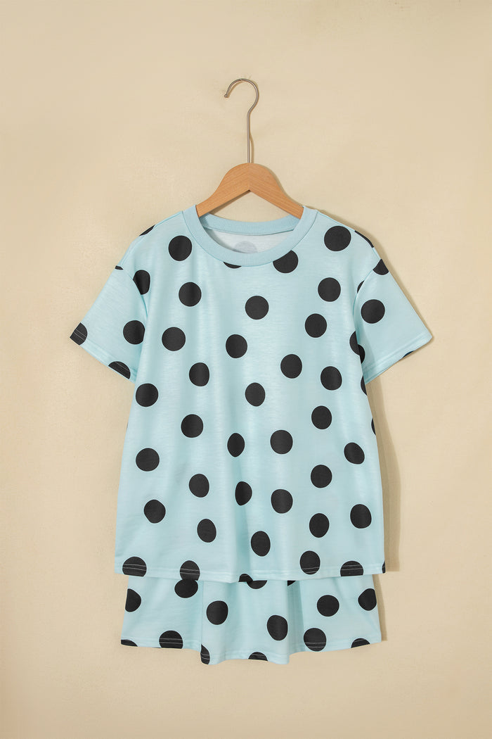 Sky Blue Polka Dot Short Sleeve Top Casual Skort 2pcs Outfit Shewin