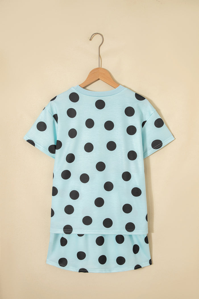 Sky Blue Polka Dot Short Sleeve Top Casual Skort 2pcs Outfit Shewin