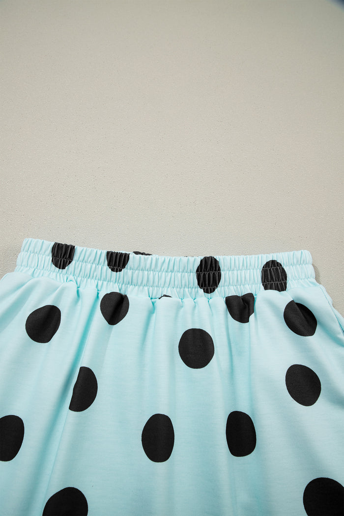 Sky Blue Polka Dot Short Sleeve Top Casual Skort 2pcs Outfit Shewin