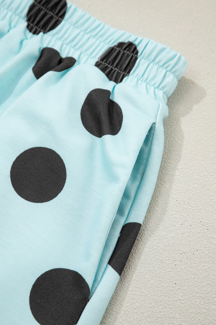 Sky Blue Polka Dot Short Sleeve Top Casual Skort 2pcs Outfit Shewin