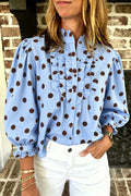 Sky Blue Polka Dot Striped Print Ruffle Stand Neck 3/4 Sleeve Shift Shirt Shewin