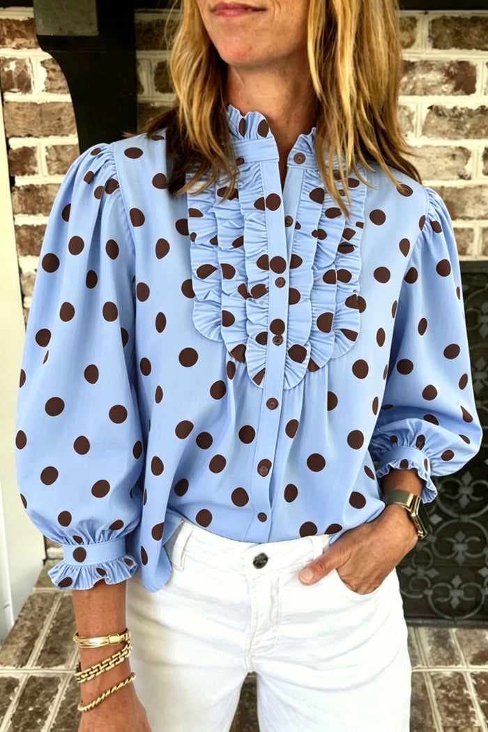 Sky Blue Polka Dot Striped Print Ruffle Stand Neck 3/4 Sleeve Shift Shirt Shewin