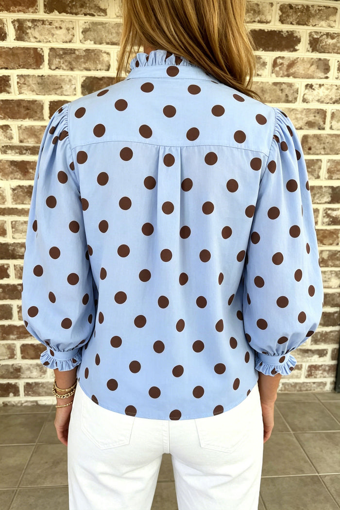Sky Blue Polka Dot Striped Print Ruffle Stand Neck 3/4 Sleeve Shift Shirt Shewin