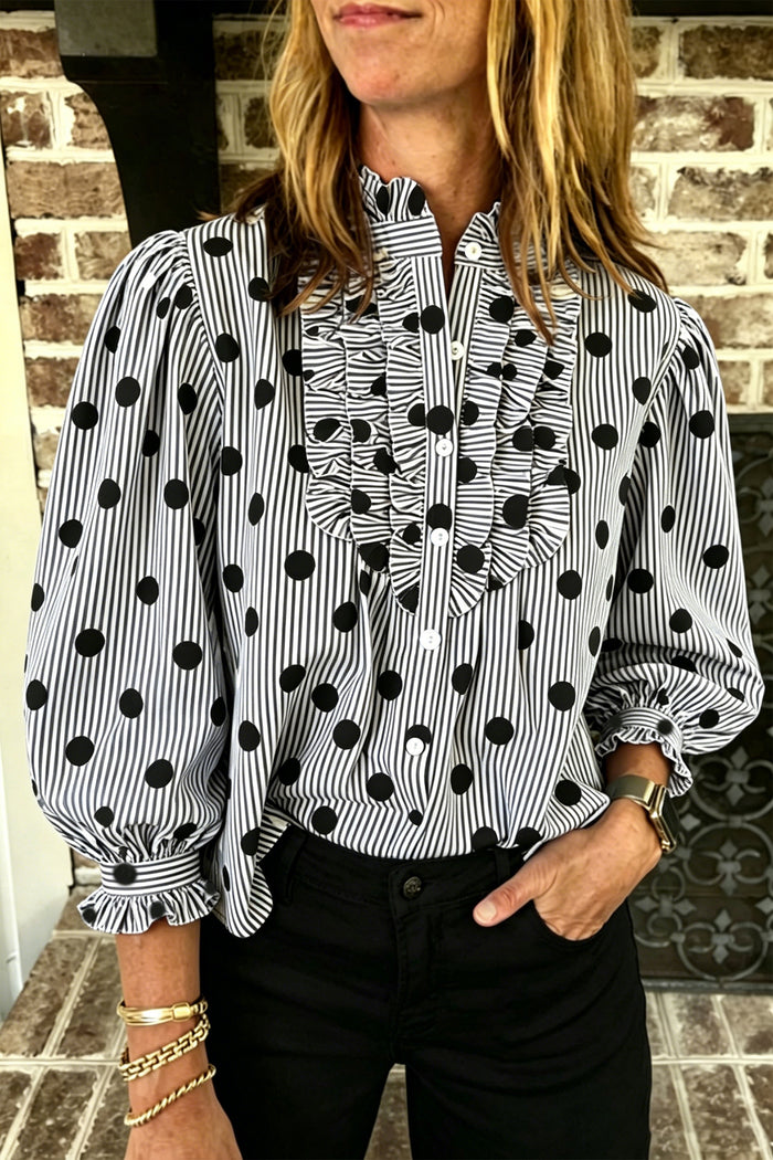 Sky Blue Polka Dot Striped Print Ruffle Stand Neck 3/4 Sleeve Shift Shirt Shewin