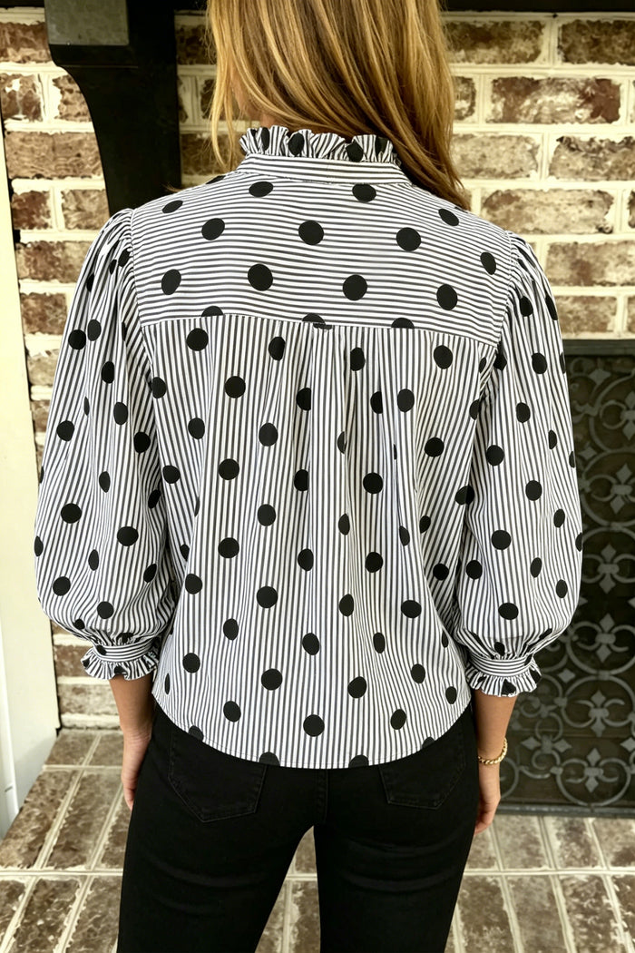 Sky Blue Polka Dot Striped Print Ruffle Stand Neck 3/4 Sleeve Shift Shirt Shewin