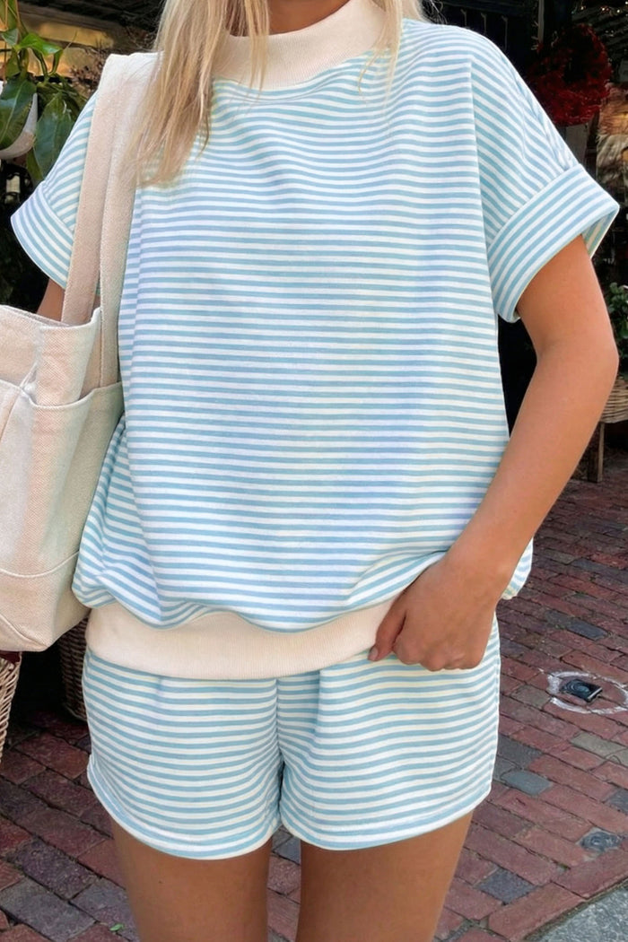 Sky Blue Stripe Cuffed Sleeve Contrast Mock Neck Tee Casual 2pcs Short Set Shewin