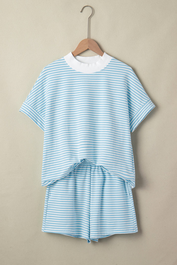 Sky Blue Stripe Cuffed Sleeve Contrast Mock Neck Tee Casual 2pcs Short Set Shewin