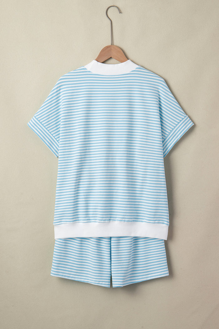 Sky Blue Stripe Cuffed Sleeve Contrast Mock Neck Tee Casual 2pcs Short Set Shewin